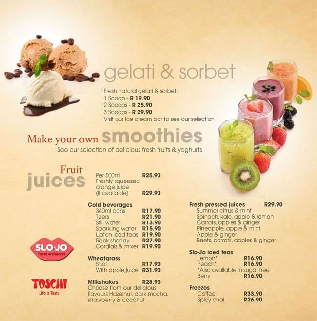 Menu at Fournos Bakery, Pretoria