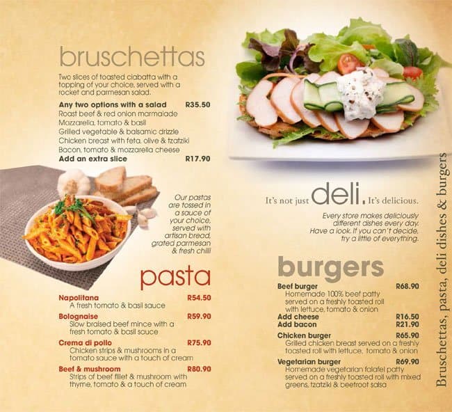 Menu at Fournos Bakery, Pretoria