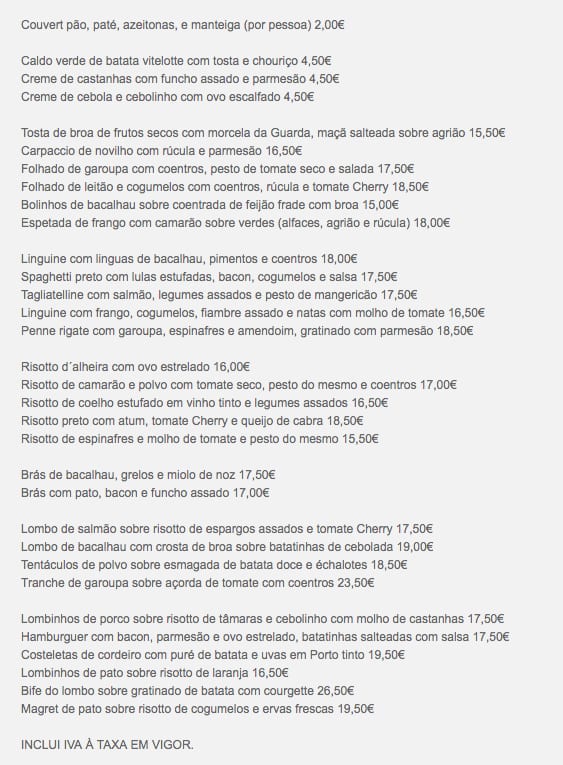 Menu at Darwin's Café, Lisbon