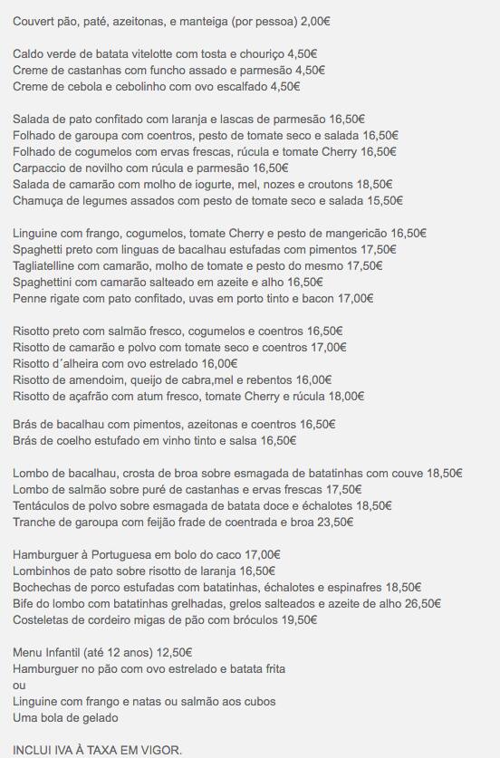 Menu at Darwin's Café, Lisbon