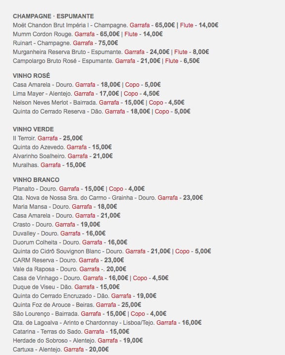 Menu at Darwin's Café, Lisbon