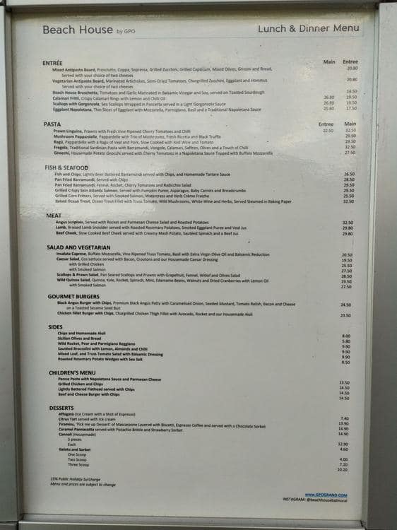 Menu at Beach House Balmoral Restaurant & Café, Mosman