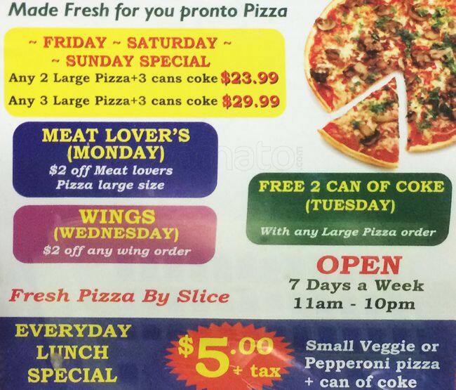 Pronto Pizza Menu, Menu for Pronto Pizza, Fleetwood, Surrey