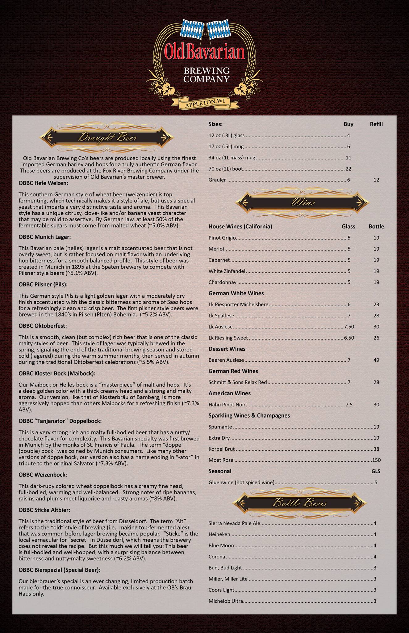 Menu at OB's Brau Haus club, Appleton