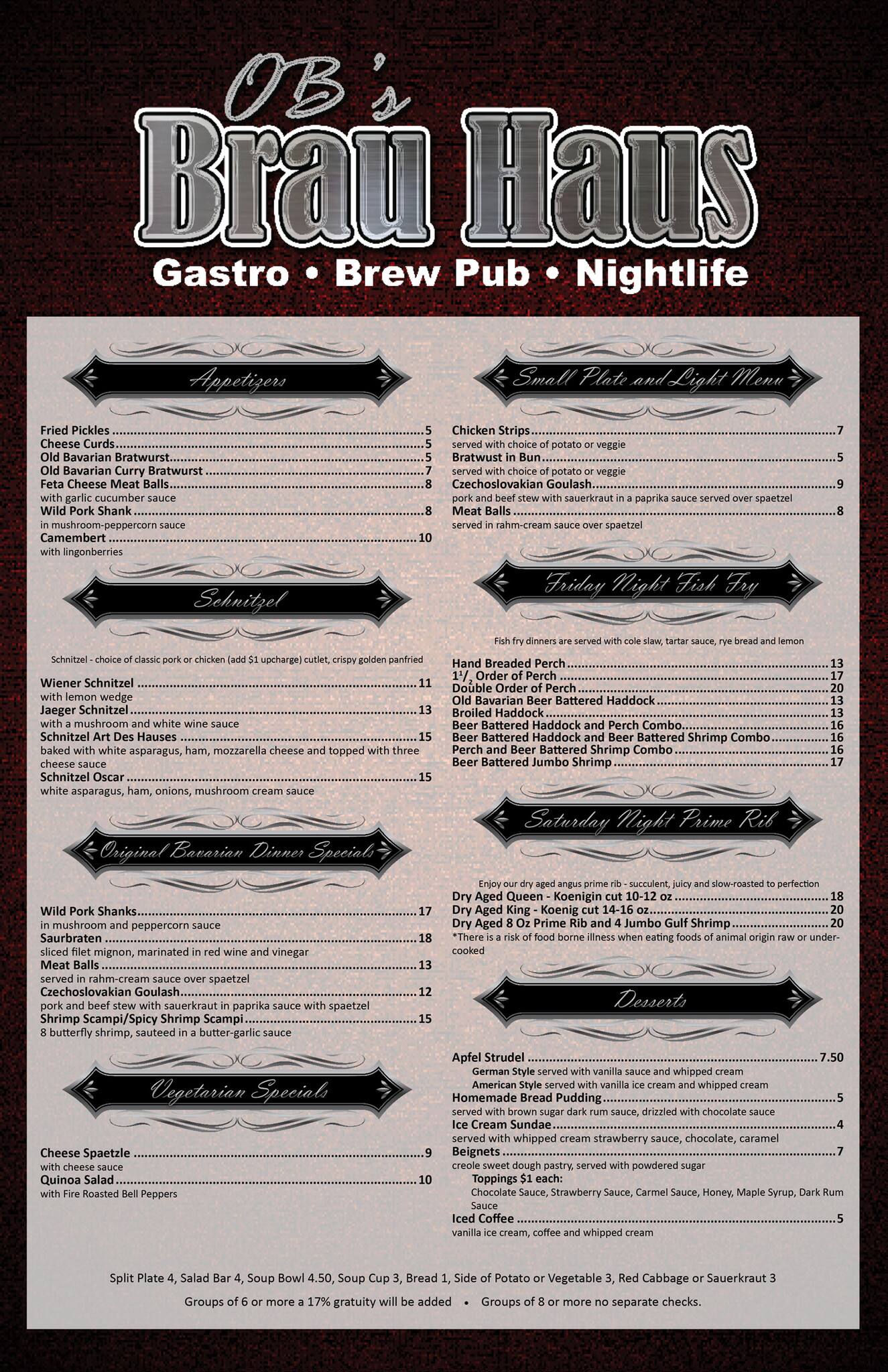 Menu at OB's Brau Haus club, Appleton