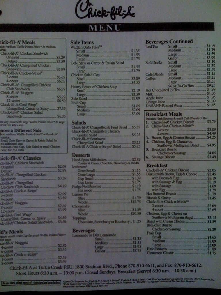 ChickfilA Menu, Menu for ChickfilA, Jonesboro, Jonesboro Urbanspoon/Zomato