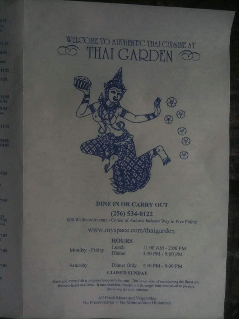 Menu At Thai Garden Restaurant Huntsville 800 Wellman Ave Ne