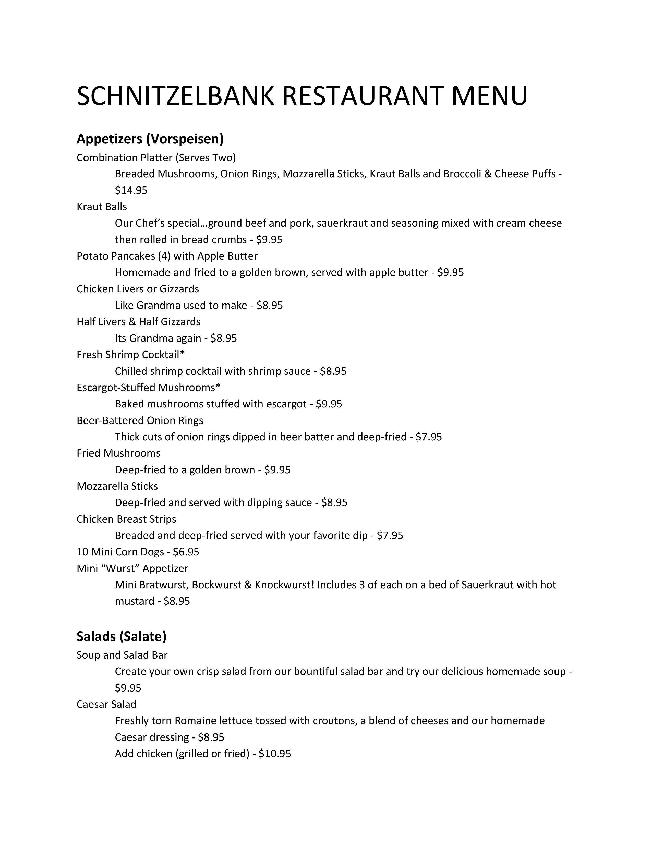 Schnitzelbank Restaurant Menu, Menu for Schnitzelbank Restaurant