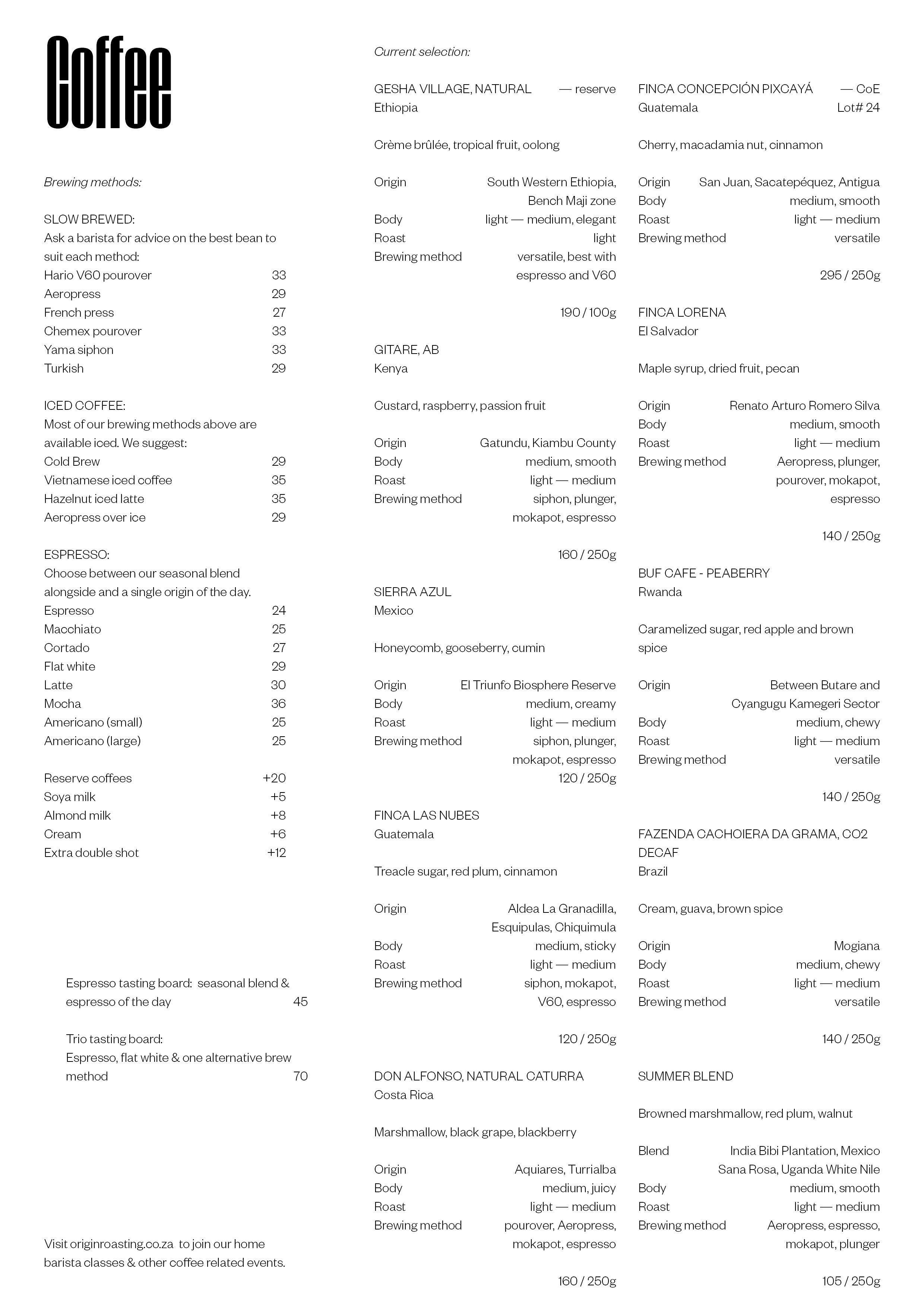 Origin Coffee Menu, Menu podniku Origin Coffee, City and Suburban