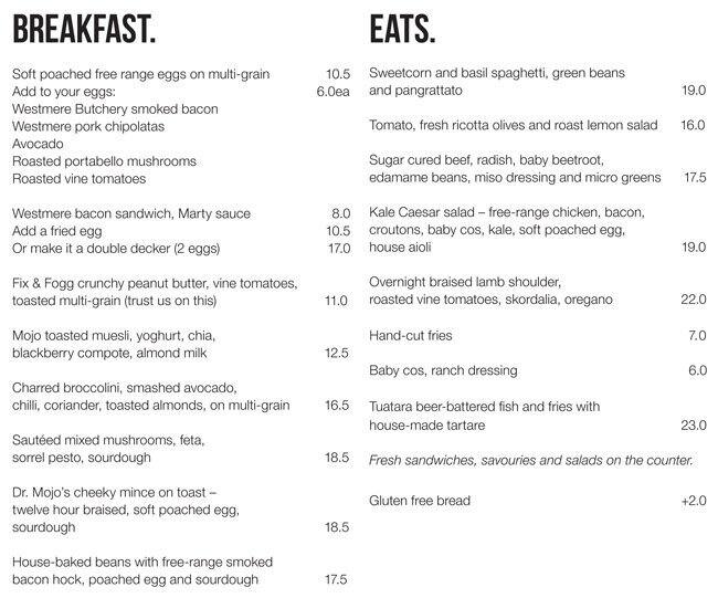 Mojo Menu, Menu for Mojo, Viaduct Harbour, Auckland - Menumania/Zomato
