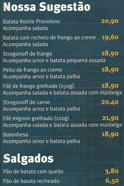 Batata Inglesa cardápio