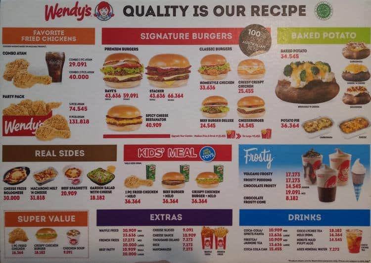 Menu of Wendy's, Bendungan Hilir, Jakarta