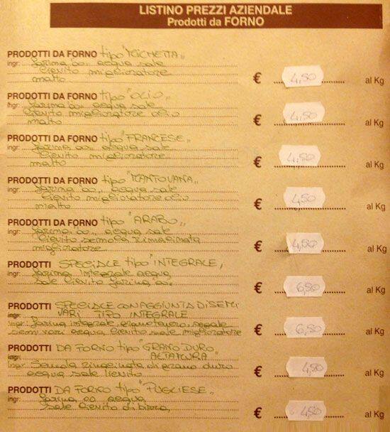 Menu di Panificio Cabrini 