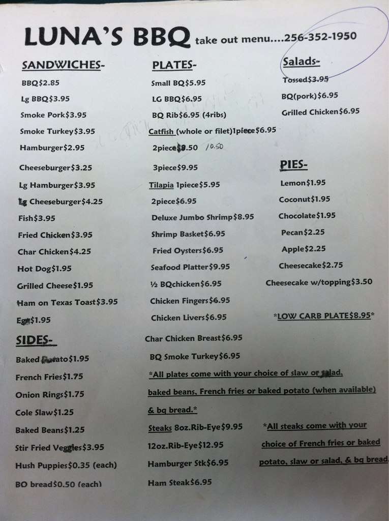 Luna's BBQ Menu, Menu for Luna's BBQ, Hanceville, Hanceville