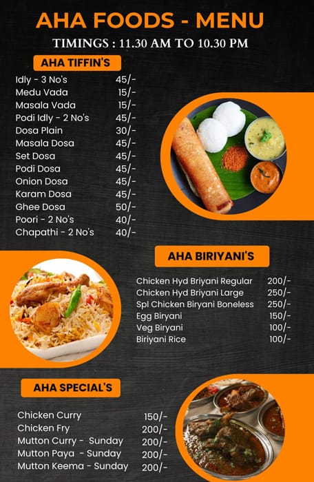 Menu of Aha Foods, KR Puram, Bangalore