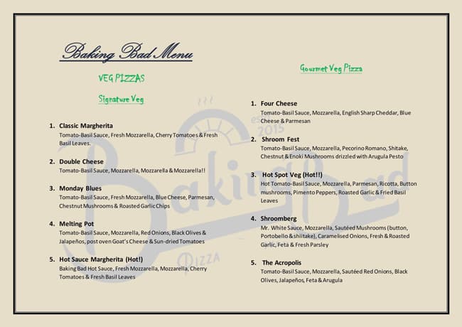 Baking Bad - Pizza Delivery menu