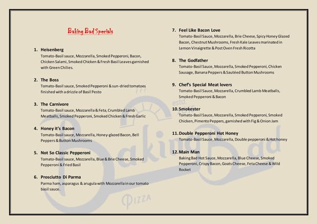 Baking Bad - Pizza Delivery menu