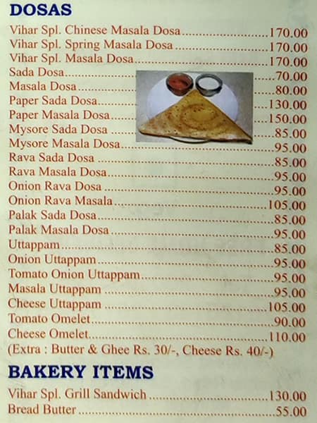 Hotel Vihar menu
