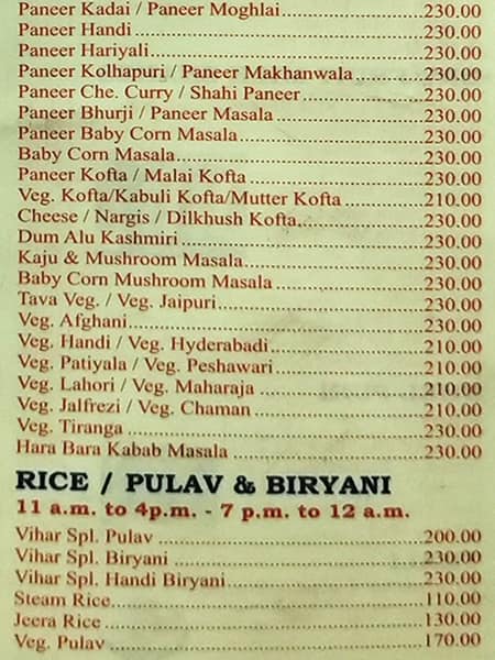 Hotel Vihar menu