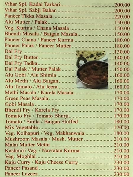 Hotel Vihar menu
