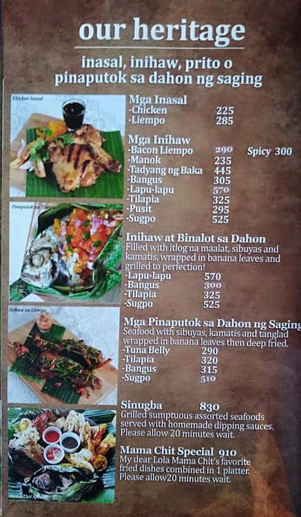 Menu At Pamana Restaurant, Tagaytay