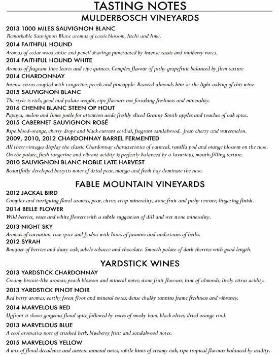 Menu at Mulderbosch Tasting Room, Cape Town