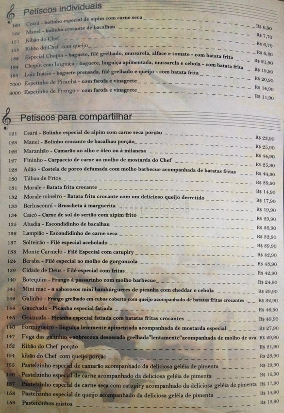 Frederic Chopin cardápio