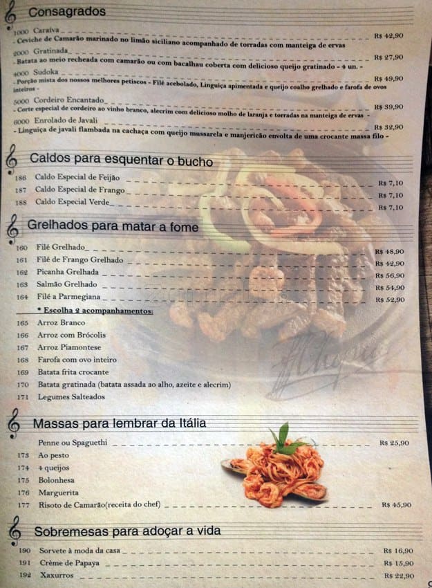 Frederic Chopin cardápio