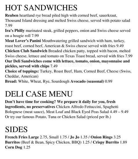 Carta de Ira's Deli