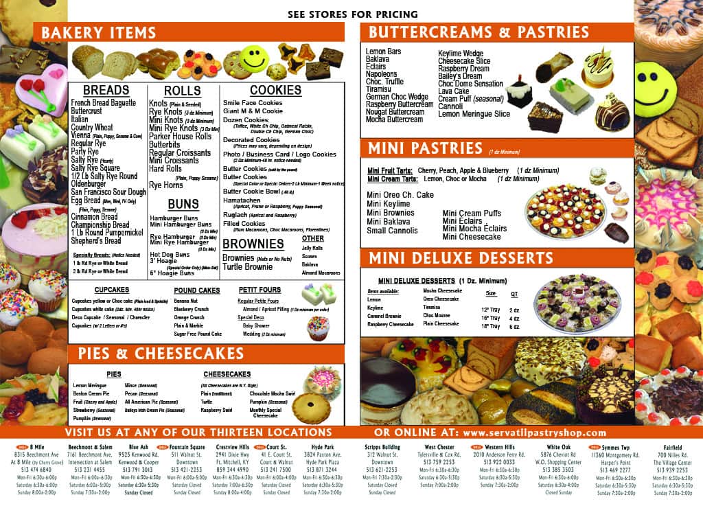 Menu at Servatii Pastry Shop Salem desserts, Cincinnati, Beechmont Ave