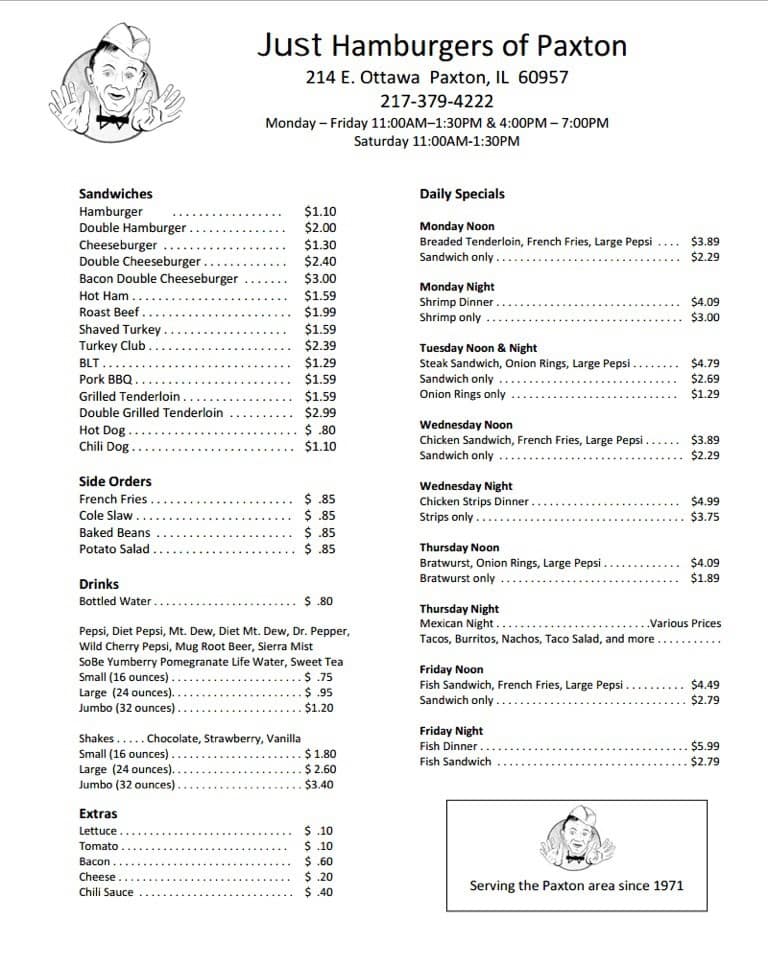Menu at Just Hamburgers restaurant, Paxton