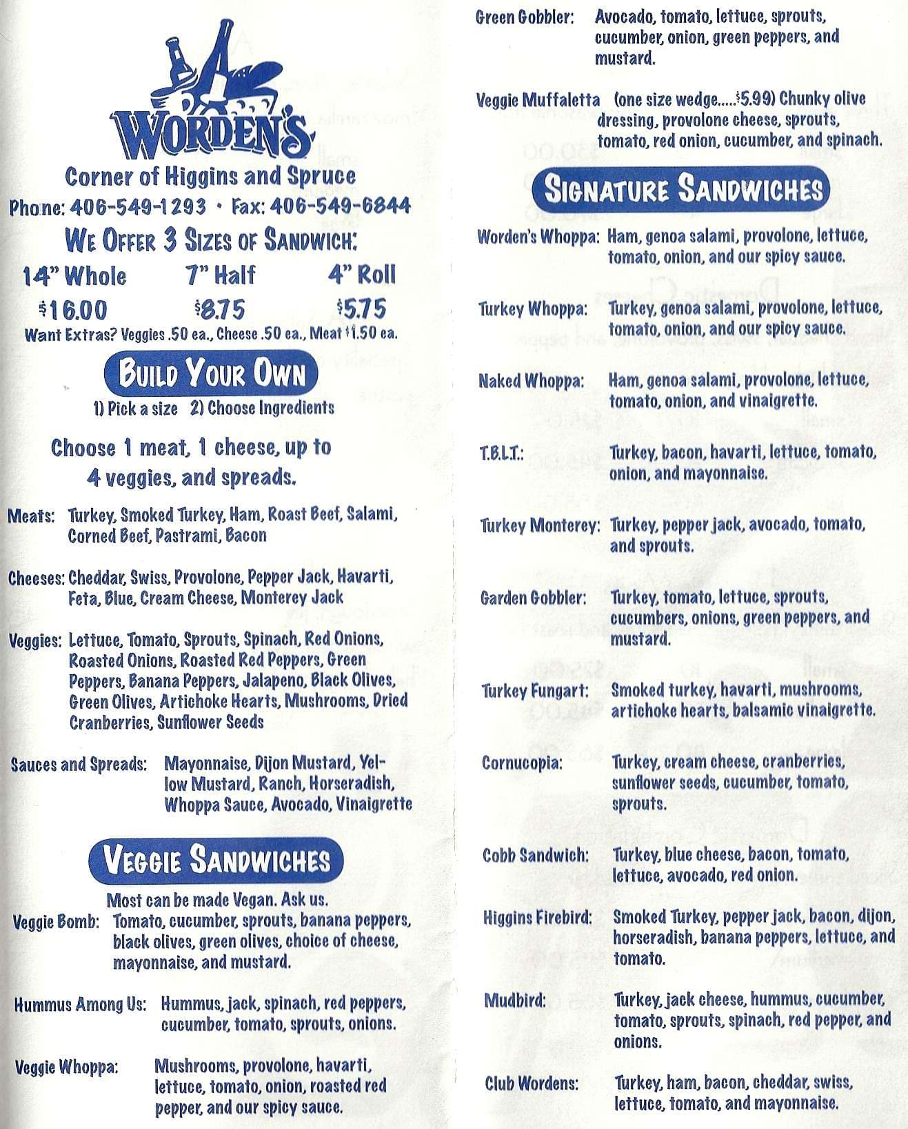 Worden's Market Menu, Menu for Worden's Market, Missoula, Missoula
