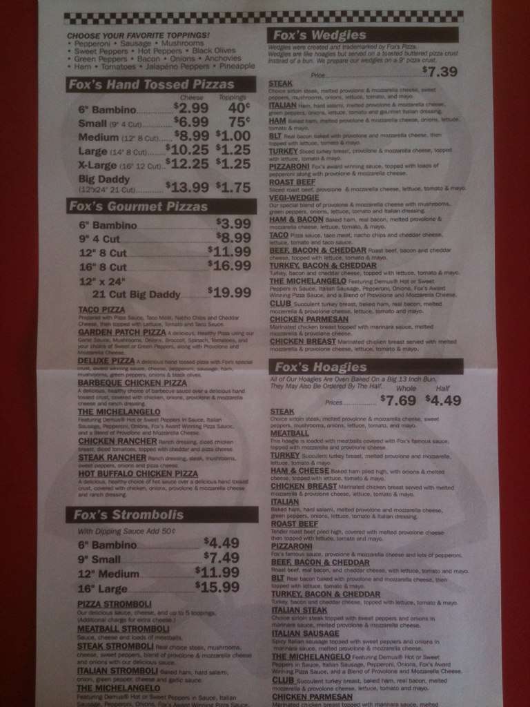 Fox's Pizza Den Menu, Menu for Fox's Pizza Den, Fairmont,