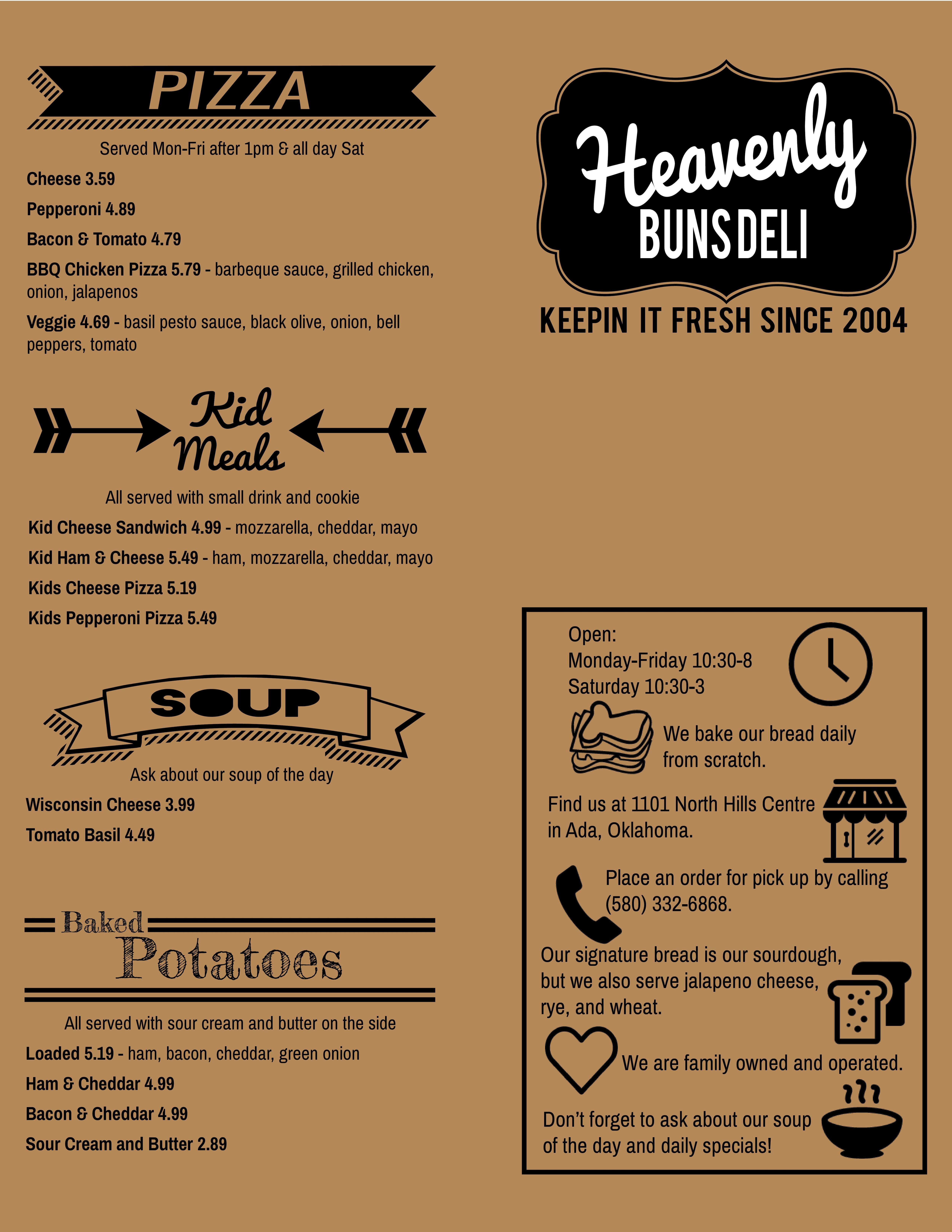 Menu at Heavenly Buns restaurant, Ada