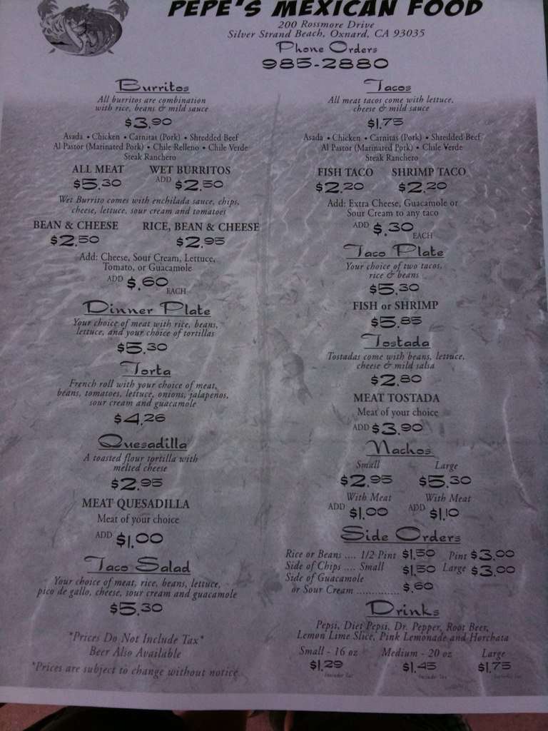 Menu at Pepe's Mexican Food restaurant, Oxnard