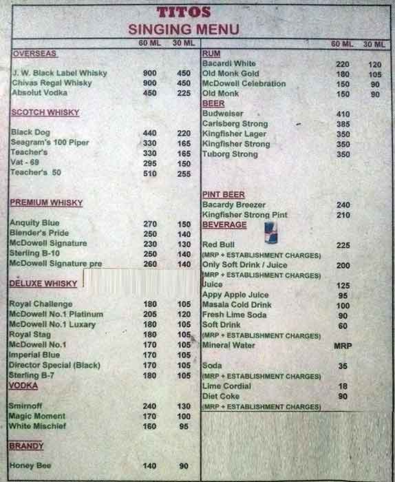 Menu at Titos Bar And Restaurant, Kolkata, Dalhousie