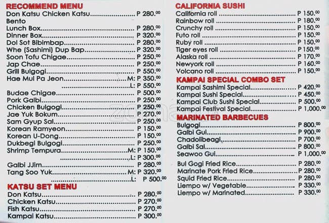 Menu At Kampai Restaurant, Quezon City