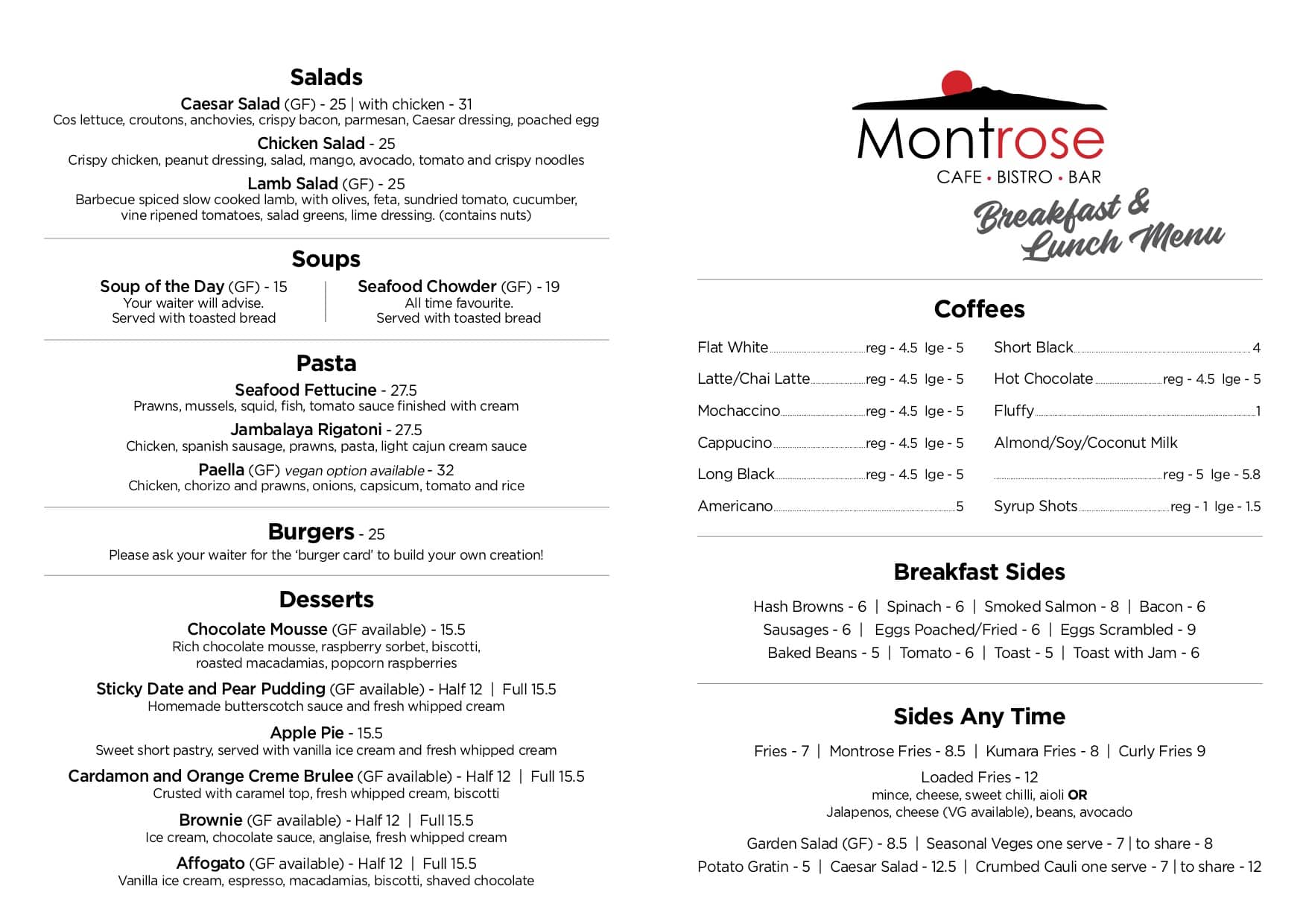 Menu at Montrose Cafe, Bistro and Bar, Auckland