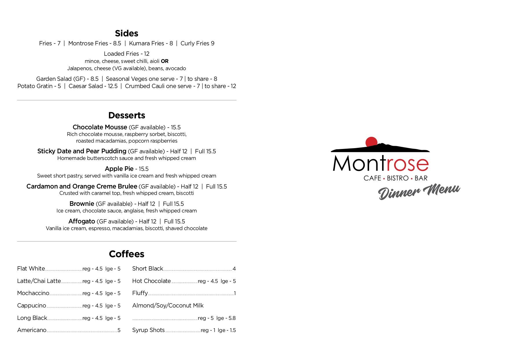 Menu at Montrose Cafe, Bistro and Bar, Auckland