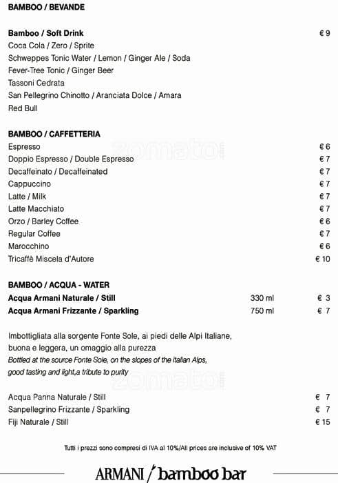 armani bamboo bar menu