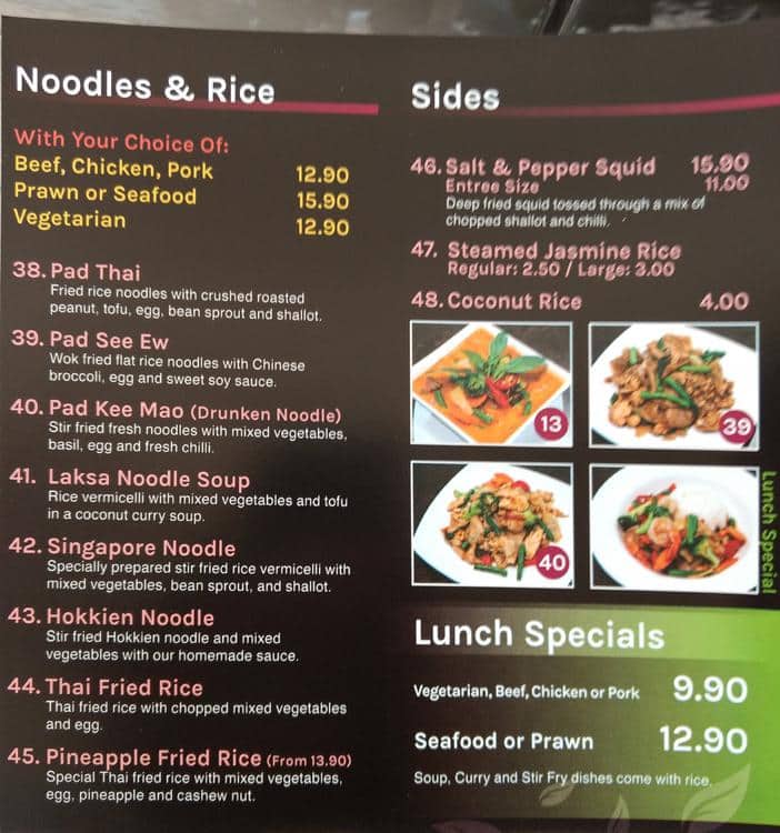 Menu at Cafe Thai, Botany