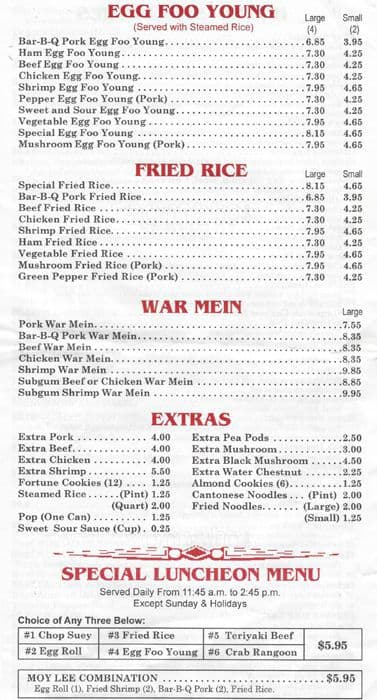 Menu at Moy Lee Chinese Restaurant, Chicago