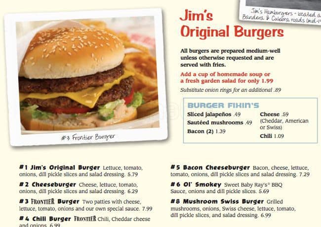 Menu at Jim's Restaurant, San Antonio, 302 TX-1604 Loop