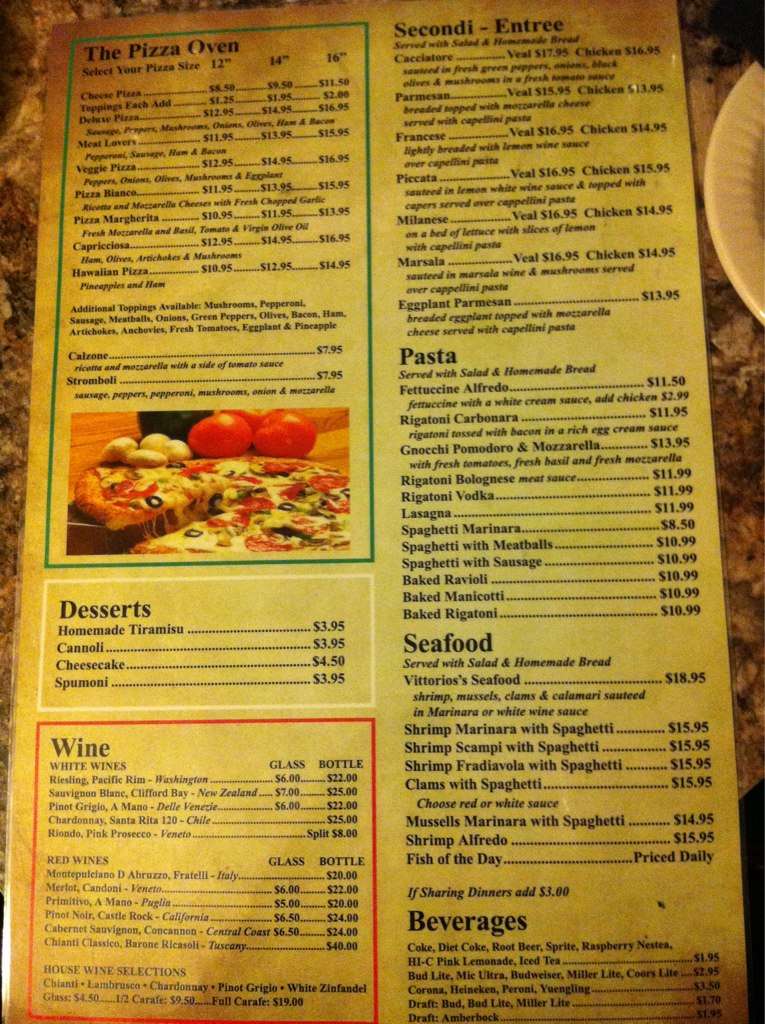 Menu at Tiano's Italian Restaurant, New Smyrna Beach