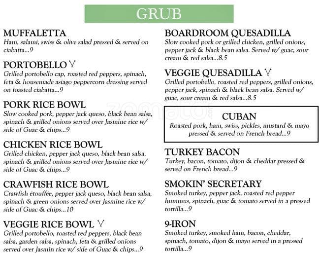 Menu at The Boardroom Pub and Grub, Fort Walton Beach