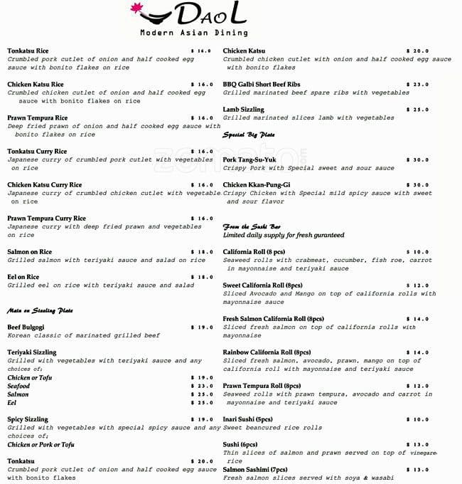 Daol Modern Asian Dining Menu, Menu for Daol Modern Asian Dining, Mount ...