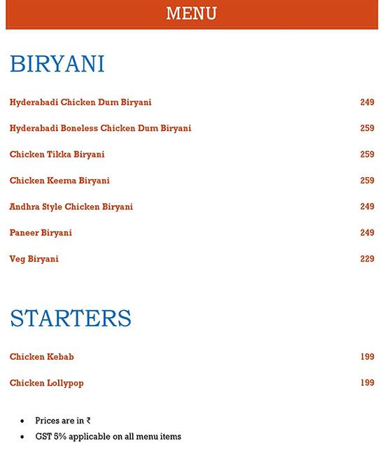 Menu of Biryani Trip - Destination Hyderabad, Miyapur, Hyderabad