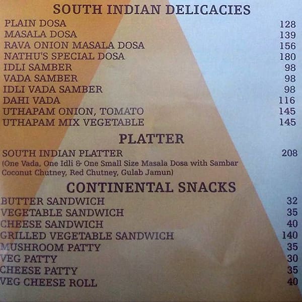 Nathu's restaurant menu