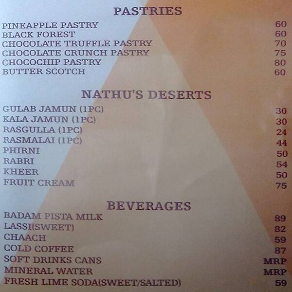 Nathu's restaurant menu
