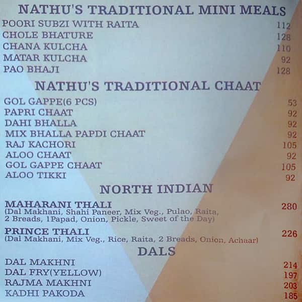 Nathu's restaurant menu